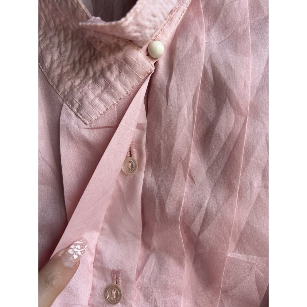Vintage Women's LARGE Career Blouse 80s Pleated Long Sleeve Button Up Satin Pink - Picture 2 of 5